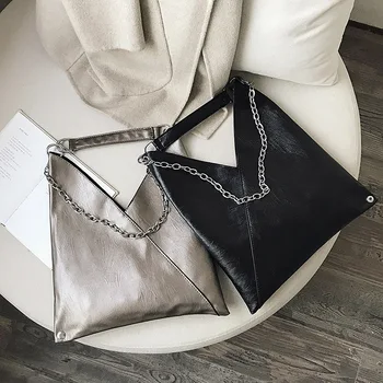 Модни дамски черни чанти-незабавни посланици с висококачествени метални веригата на раменните ремнях, дамски модерна чанта през рамо от изкуствена кожа