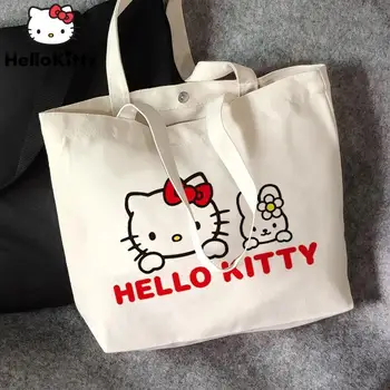 Холщовая чанта Sanio на Hello Kitty с анимационни принтом, чанти голям капацитет за жени, универсални преносими чанти, корейски сладко чанта