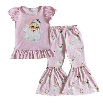 За малки момичета весела Коледа, Дядо, Бутик за детски дрехи с пищни ръкави на едро, розов комплект дрехи за деца, детски разкроена панталони