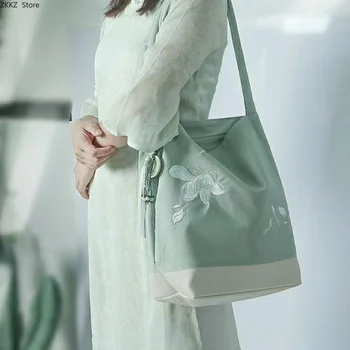 Холщовая чанта в литературния стил Hanfu в ретро-в китайски стил, антични холщовая чанта с бродерия, чанта-кофа за през рамо