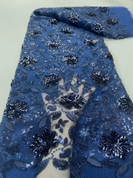 2023 Луксозна най-новата синя индийски плат сари, висококачествен тюл, лейси плат с 3D пайети, сватбената рокля YYZ298