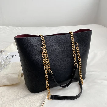 Дамски чанти на веригата от изкуствена кожа с голям капацитет, благородна жена пътна чанта на рамото, модерен дизайнерски дамски нова чанта-месинджър