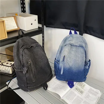 MOONBIFFY 2023 Нови дънкови училищни чанти за студенти с Голям капацитет, выстиранный деним раница, ретро чанта за книги за тийнейджър