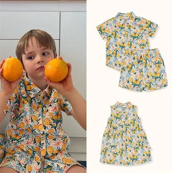 EnkeliBB Хавайски дрехи за почивка на море 2023, летни комплекти ризи и шорти за момчета с плодово-оранжев принтом, детска модерна марка дрехи, костюми