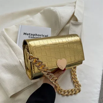 Златни чанти през рамо с веригата от алигатор за жени, метални подмишниците във формата на сърце, сребърен квадратна чанта, луксозен дизайнерски малък портфейл, реколта