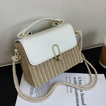 Модни Дамски малки сламени чанти, висококачествена дамска плажна чанта на рамото, дизайнерски дамски чанти през рамо за жени, чанта-месинджър