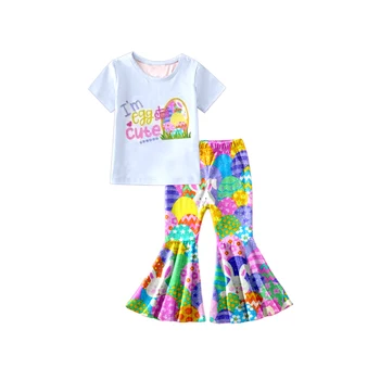 Лятна модна тениска на Raglan с бъни от две части, разкроена панталони с забелязан принтом, комплект детски дрехи за момичета