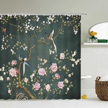 Завеса за душ с цветя и птици в китайски стил, кран с червена корона, водоустойчиви аксесоари за баня с плетене на една кука, завеса за баня, Директен доставка