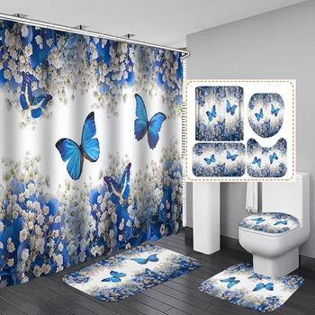 Комплекти завеса за душ и постелки Blue Butterfly за баня с красив цветен модел, поставка за подложка, капак за тоалетна, килим, пердета за баня