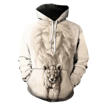 Зимен пуловер с качулка, Модни сдвоени ризи за мъже и жени, тънка руното яке с качулка, на хладно 3D печат лъв