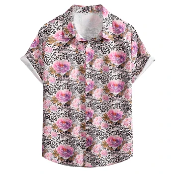 Мъжки секси розови летни плажни ризи с леопардовым принтом, ежедневни хавайска риза с флорална принтом копчета, мъжки празнична дрехи XXL