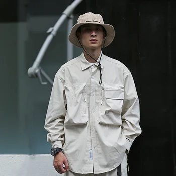 Мъжки градинска облекло Harajuku е Безплатна ежедневна риза карго с дълъг ръкав, мъжки улични якета Cityboy с голям джоб, реколта якета оверсайз