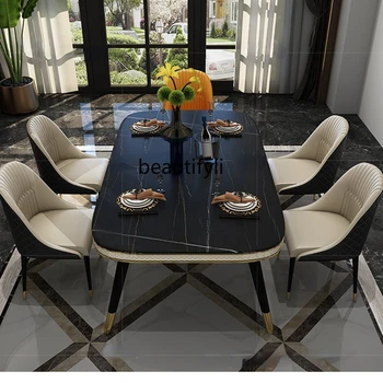 yj Light, луксозна маса за хранене, каменна плоча, на Домакински висококачествен мрамор Малък апартамент, правоъгълен набор от места за хранене столове и маси
