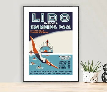 Закрит басейн Лидо, Англия Ретро Туристически Плакат Печат върху Хартия или платно / Идея за Подарък