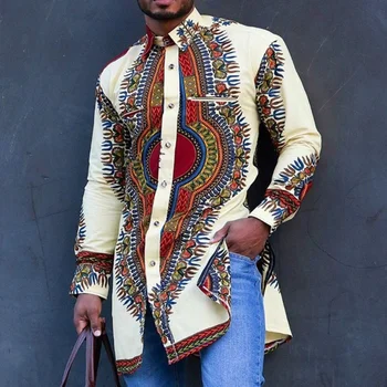 2023 Мъжки дрехи в африка етнически стил, ежедневни тениски с цифрово принтом, ризата е със средна дължина