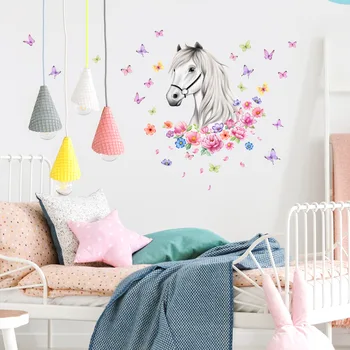 Стикер за стена с изображение на конски цветя и пеперуди, мультяшные Кон, Стенни картини за детска спалня, Детска ферма, офис, Стикери за дома