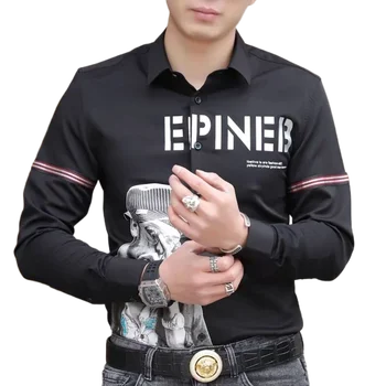 Мъжка риза с дълъг ръкав, пролетно-есенна френска риза с индивидуален писмото шарките и блузи, модни красиво мъжко облекло
