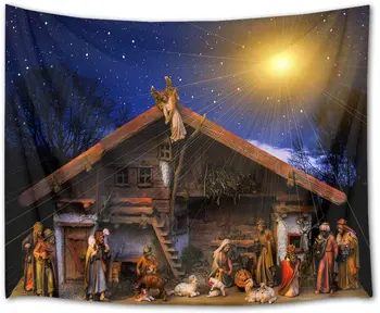 Коледен Гоблен, Стенен Гоблен От Звездното Небе, Коледен Стенен Гоблен с Исус, Християнско Стенно Изкуство за Всекидневна Декор на Хотел