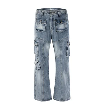 Hi Street Сини дънкови панталони в стил мозайка с много джобове, градинска облекло в стил хип-хоп, дънкови панталони за мъже