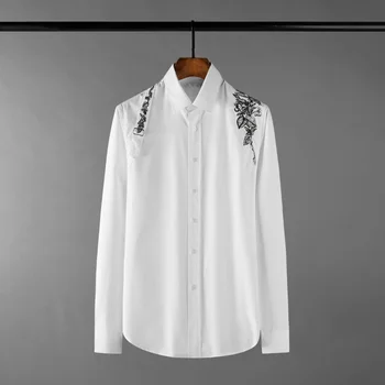 Мъжки ризи от памук Minglu, луксозни мъжки ежедневни ризи с дълъг ръкав и бродерии, модни свободни вечерни бели мъжки ризи