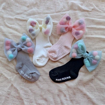 Чорапи За Новородени Момичета С Лъкове, Чорапи до глезена за Бебета, Нескользящие Чорапи за малки момичета, Чорапи Принцеса за Кръщение, Сладки Бебешки Чорапи
