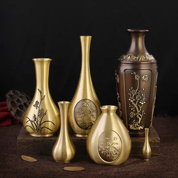 Златна латунная ваза, специален модел с гравиран, Метална декоративна централна част, Декорация от медни вази, Цветя интериор за дома