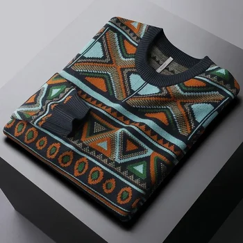 Висококачествен жаккардовый пуловер с геометричен модел в етнически стил, мъжката есенно-зимния здраво модерен случайни пуловер в корейски стил в стил ретро, мъжки