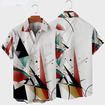2022 Мъжка риза с къс ръкав и ревера, риза с обемни 8-инчов геометрични принтом, мъжки джоб в стил харадзюку, горещ стил