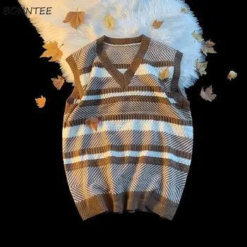 Пуловер-Мъжки Елек Японски Ретро Шарени Прости С V-образно деколте Зимата Свободен Трико Без Ръкави Основен Harajuku Красиви Дрехи за Мъже