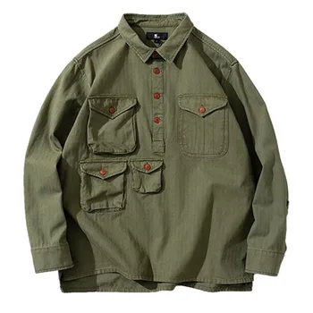 Мъжка риза с дълги ръкави в стил милитари с множество джобове, плътна зелена свободна риза-карго, палта, топ, мъжки топ