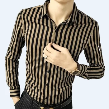 Мъжка риза с дълъг ръкав, пролет и есен, приталенные модерен риза в райе в корейски стил, красива ежедневни мъжки дрехи, топ