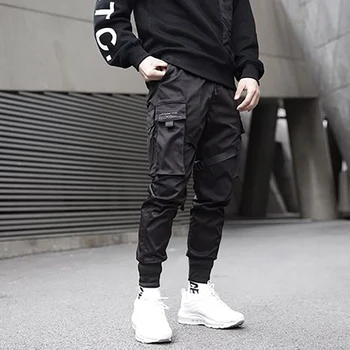 Панталони в стил хип-хоп, мъжки лента, цветен блок, черни панталони-с карго джобове, зреещи за бягане, спортни панталони в стил харадзюку