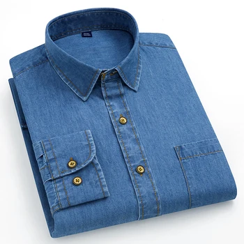 Мъжки класически работна риза от деним в западен стил с дълъг ръкав, с един нагрудным джоб, стандартна засаждане, комфорт, издръжливост, меки ежедневни памучни ризи