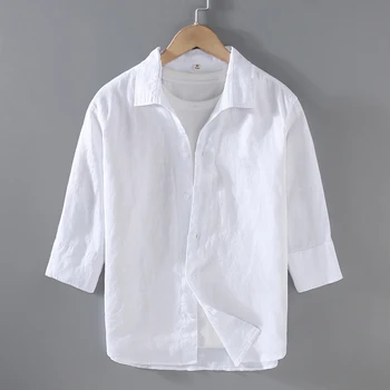 Дизайнерски Нови Ризи От Чист Лен С Ръкав Три четвърти За Мъже, Тенденция Ежедневни Дишаща Италианската Връхни Дрехи Camisas De Hombre, Ризата