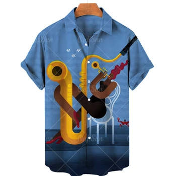 Мъжки ризи с 3D принтиране, плажен топ с къс ръкав, хавайска риза с копчета, cartoony на извънгабаритни модел, музикален инструмент, без