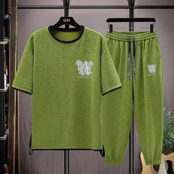Лято 2023, Нова Мъжка тениска с кръгло деколте + Панталони, Спортни костюми, Мъжки Костюм, Риза с къси ръкави, с къси ръкави, Всекидневни спортен костюм, Комплект от 2 теми