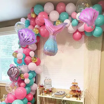 Опашка на Русалка, арка, верига за балони, Тема на Деня на Раждане на детето, Океанская парти, Фоново Украса, Украса от алуминиево фолио, балон