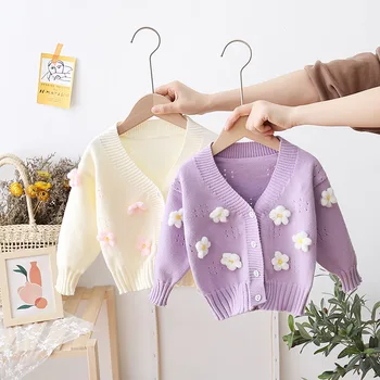 Пуловер-жилетка за момичета 2023, пролетта и есента на корейското издание, модерно вязаное палта с цветя модел за момичета, детски дрехи