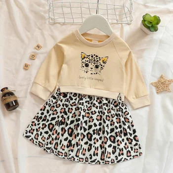 Есен хубава рокля за малки момичета от 0 до 3 години, леопардовое рокля трапецовидна форма в стил мозайка с изображение на животни от картун 