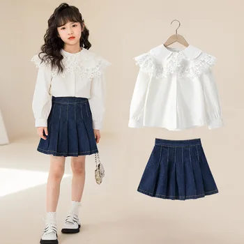 Пролетно облекло, хубава бяла риза за момичета, комплект дънкови поли, върхове със завързана яка, скъпа корейски дрехи за момичета от 5, 6, 8, 10, 12 години