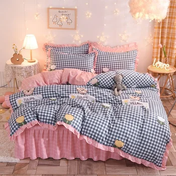 Комплект спално бельо в корейски стил принцеси за жени, завързана чаршаф с рюшами, луксозна пола на цветчета, чаршаф, текстил за Спалня