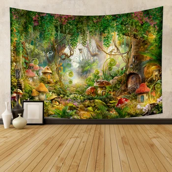 Фантазийный горски гоблени, Гоблен с Зачарованными гъби, Приказка Вълшебна Страна на Чудесата, Къщичка на дърво, гоблени, монтиране на изкуството за деца