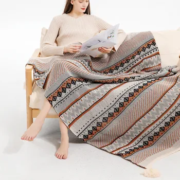 Ново вязаное одеяло в стил бохо, скандинавски диван, смесени бежово, кафяво, оранжево, топли Цветове, одеало