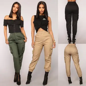2018-Нови стилни дамски зреещи-карго, обикновена къси панталони армейского зелен цвят, памучни панталони в стил пънк, свободни, дълги спортни