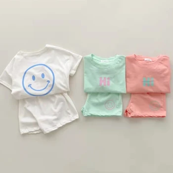 Комплекти дрехи за момичета, нови летни детски памучни тениски с къси ръкави и надпис 