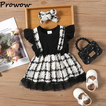 Prowow, детски рокли за момичета от 0 до 3 години, черно твидовое рокля в клетката в стил мозайка с превръзка на главата, дантелено сетчатое празнична рокля, бебешки дрехи за момичета