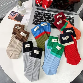 Памучни чорапи дамски ins тенденция Южна Корея, чорапи Dongdaemun, цветни чорапи в стил мозайка, ярък етикет, чорапи с дрямка, многоцветни чорапи