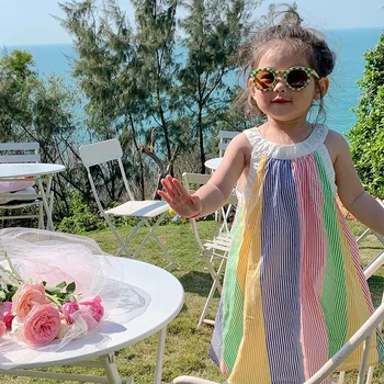 Корейската детски дрехи за момичета, облечи в сладък розово райе, без ръкави рокля за малки момичета, лятото, празнично плажна рокля, ежедневното памучно