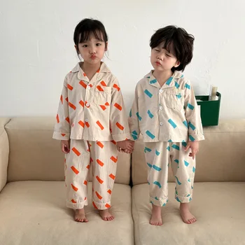 Пролетно-есенни памучни детски пижамные комплекти с принтом за момчета и момичета, всеки ден однобортные блузи и панталони с дълъг ръкав, комплекти от 2 теми
