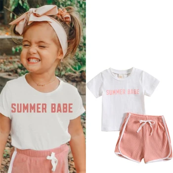 Комплект детски дрехи за момичета, тениска с кръгло деколте и писмото принтом, панталони с еластичен ластик на талията, летни детски дрехи